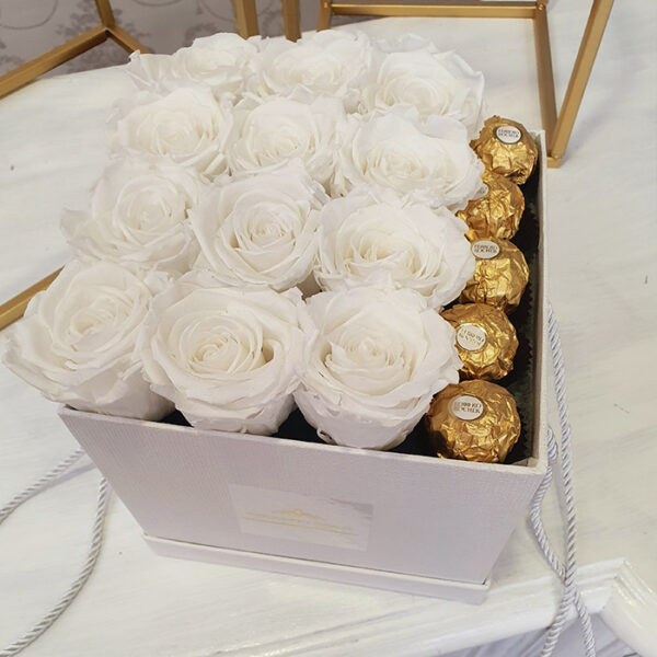 White roses with chocolates Ferrero rocher